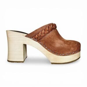 Swedish Hasbeens Laila Braided Platform Clog Tan Suede Wood Heel EU 36